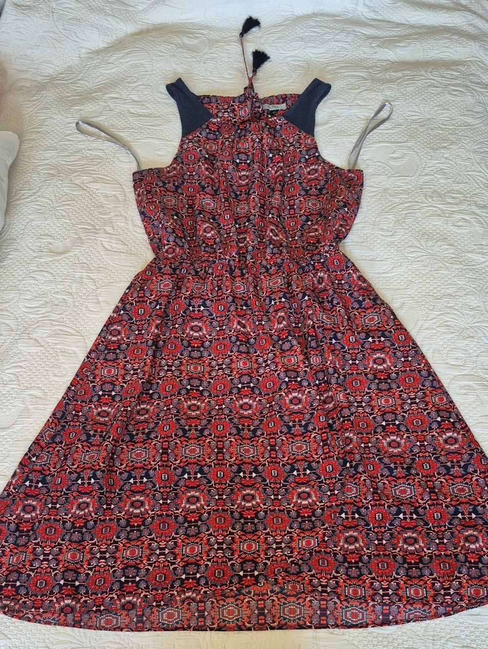 Athleta Women's Medium Martinique Dress Red/Navy Tassels on the back EUC
